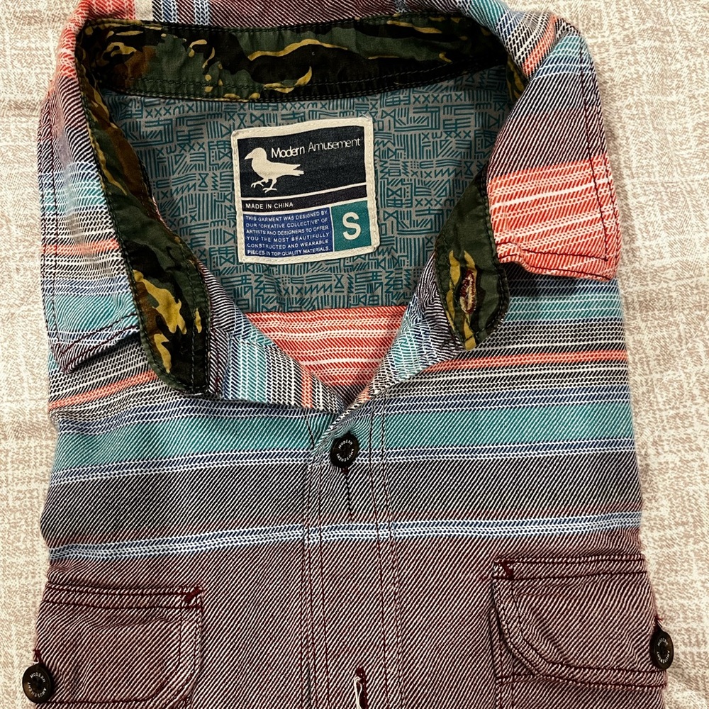 Modern Amusement Multistripe Button-Up in Teal, Red and Black